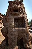 Mamallapuram - Tamil Nadu. The Shore Temple. The sculpture of Durga lion with the goddess seated on the right hind leg.